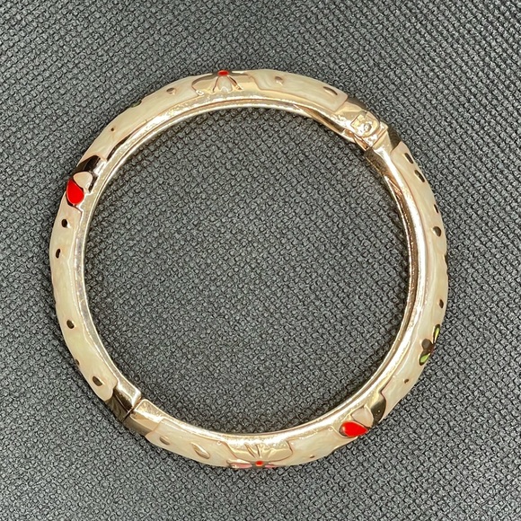 Jiu Long Xing Flowers Pink Purple Green  Cream Enamel Hinged Bangle Bracelet - Picture 2 of 7